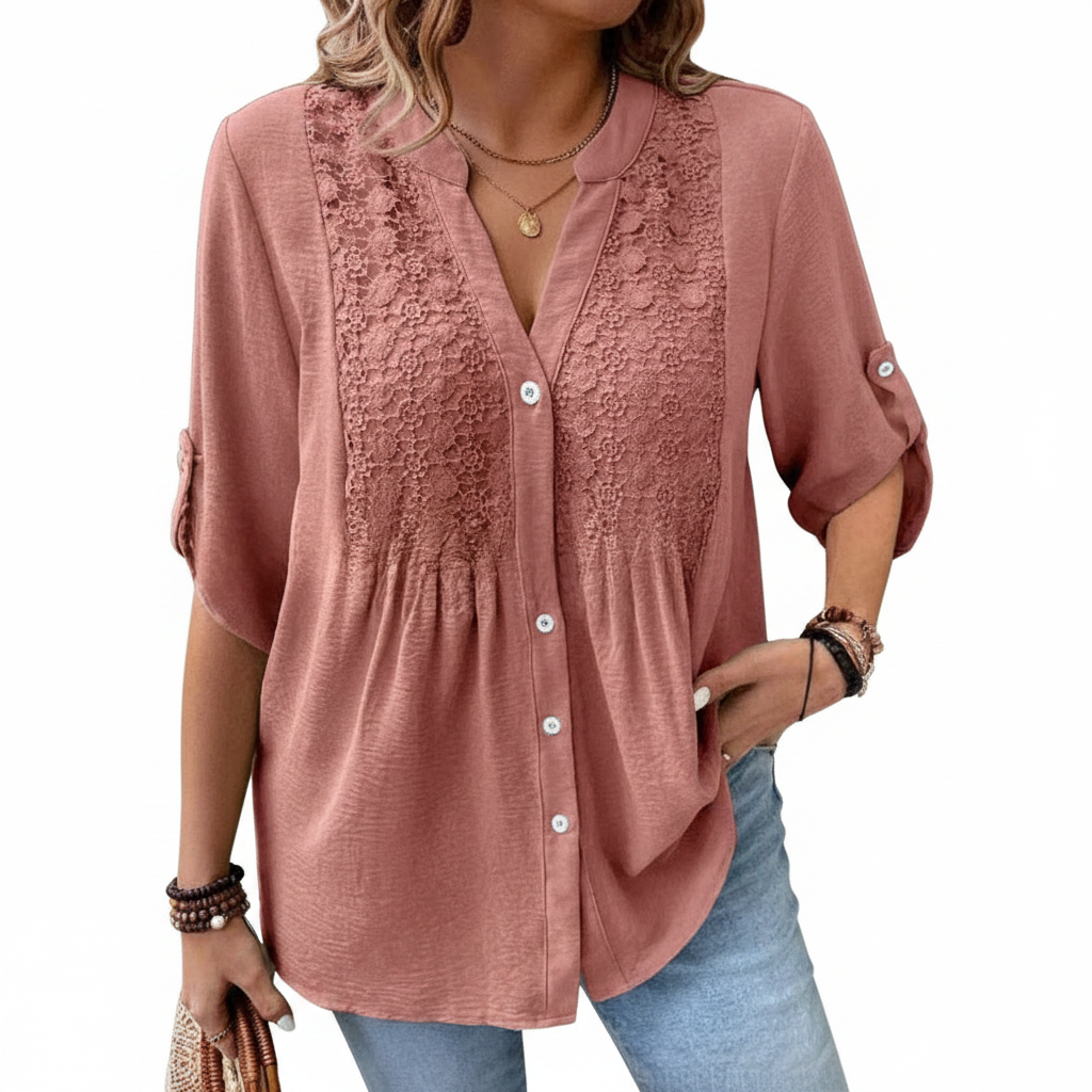 Ladies Lace V-Neck Button Front Shirt