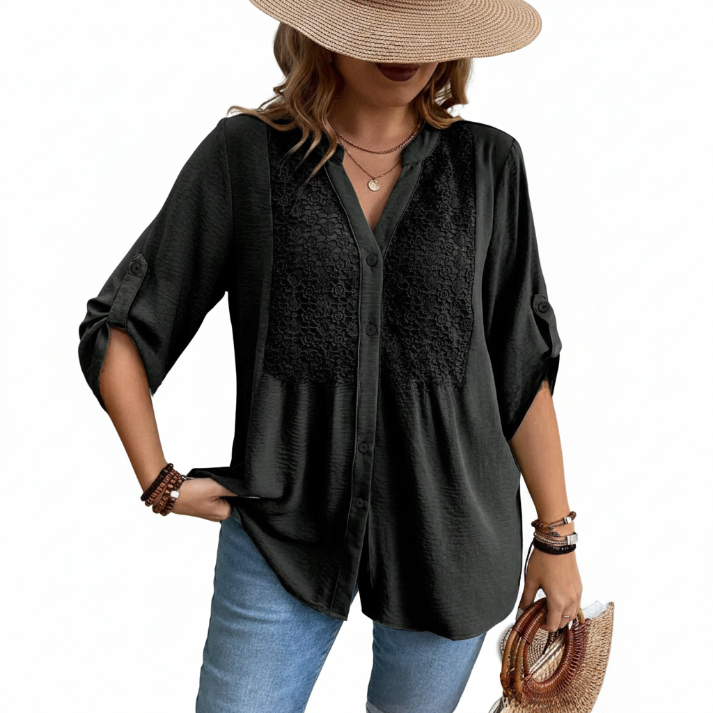 Ladies Lace V-Neck Button Front Shirt