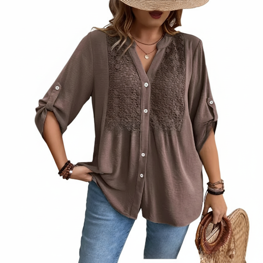 Ladies Lace V-Neck Button Front Shirt