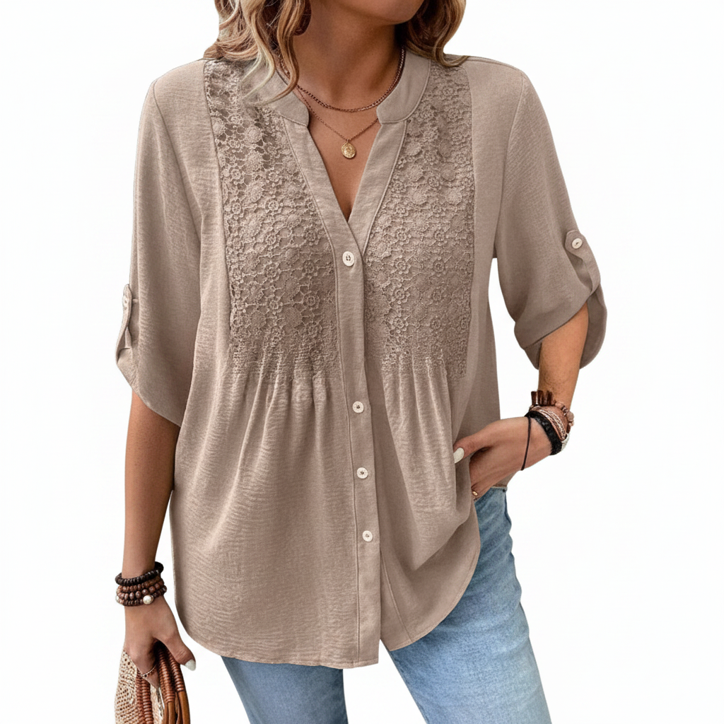 Ladies Lace V-Neck Button Front Shirt