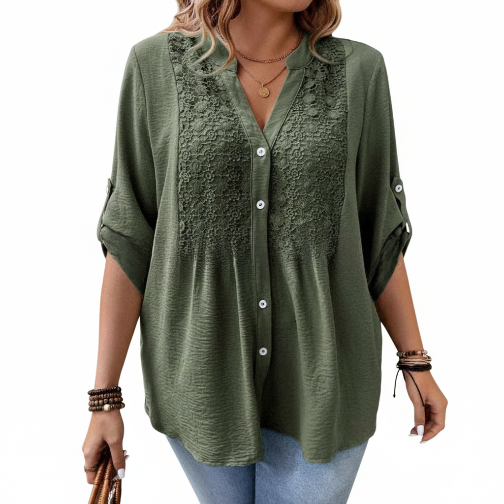 Ladies Lace V-Neck Button Front Shirt